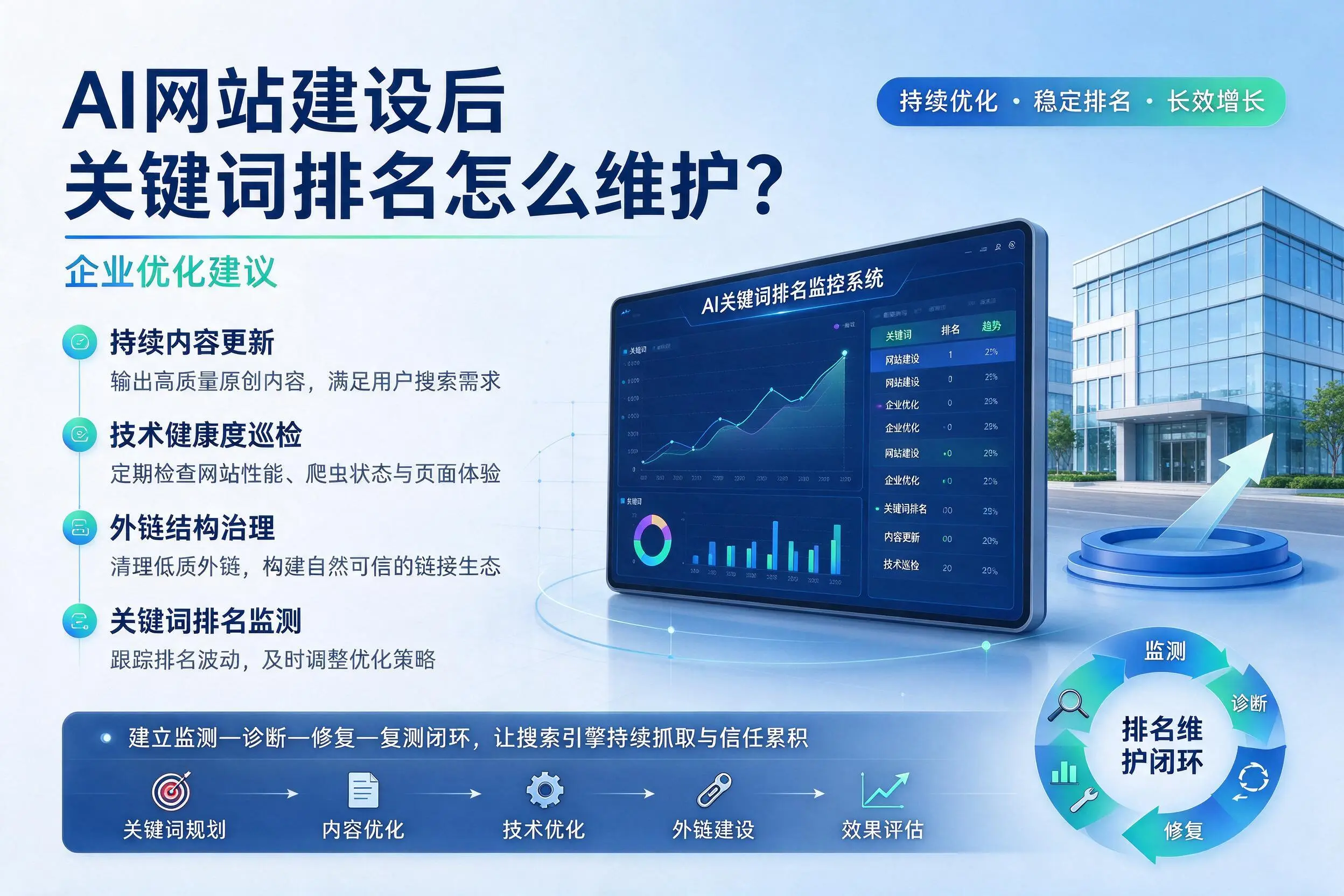 AI网站建设后关键词排名怎么维护？阜新企业优化建议