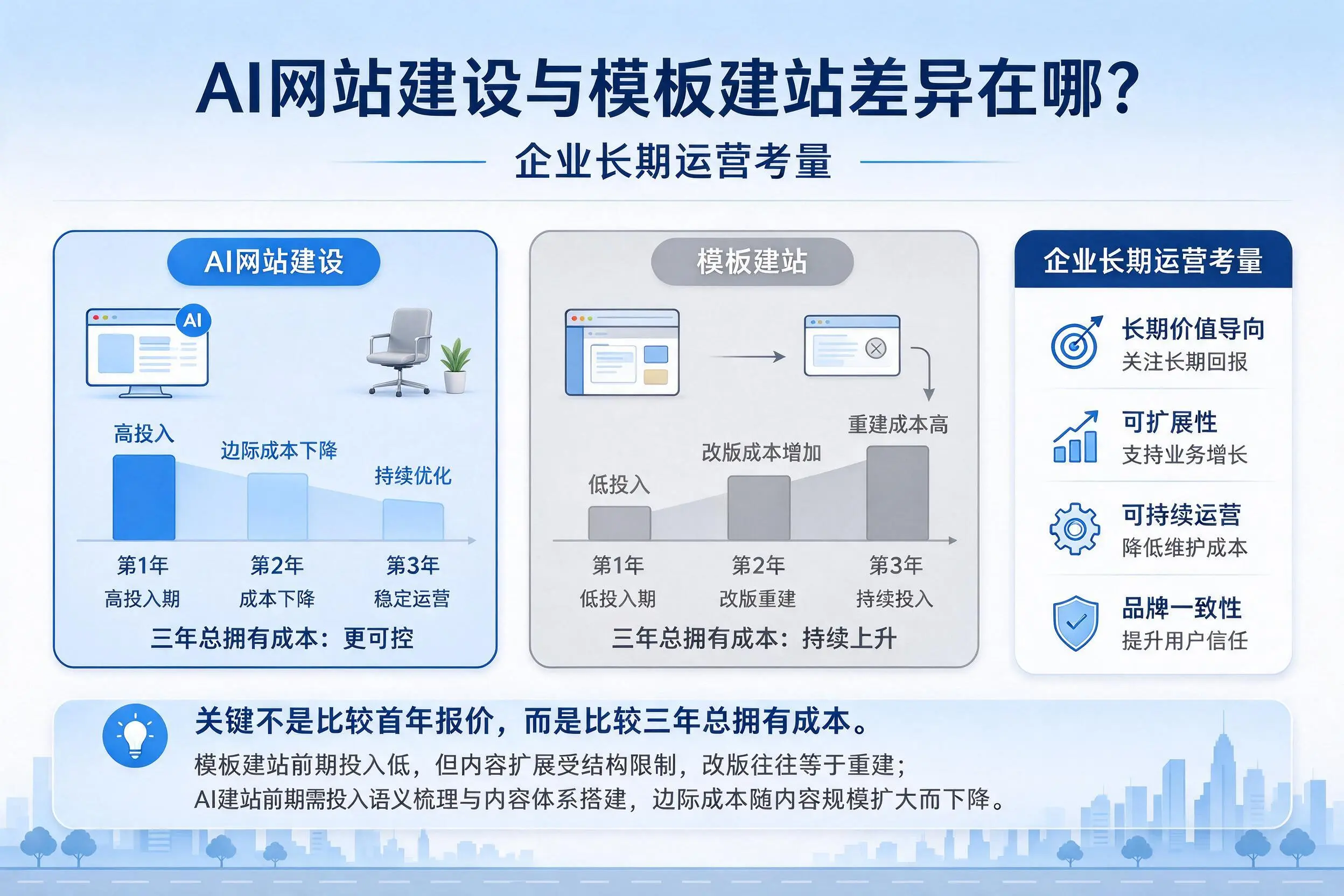 AI网站建设与模板建站差异在哪?阜新企业长期运营考量