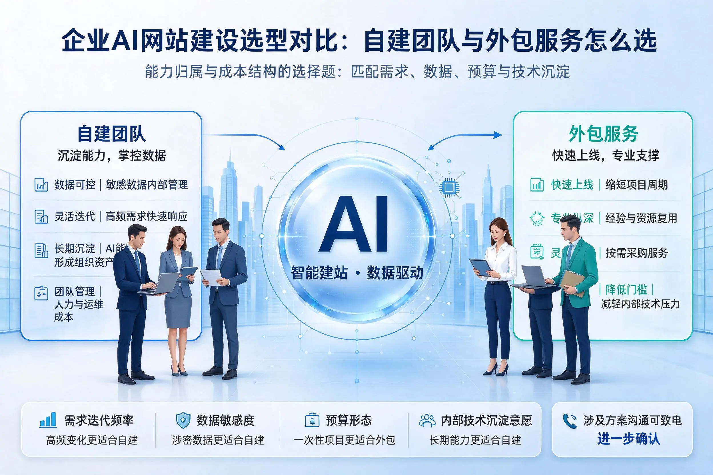 阜新企业AI网站建设选型对比:自建团队与外包服务怎么选